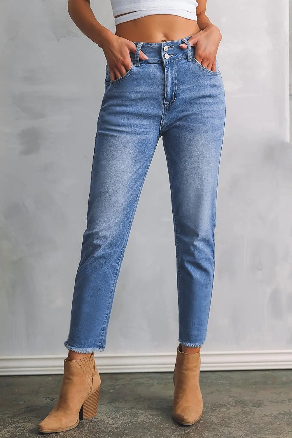 Sidefeel Women's High Waisted Jeans Strechy Raw Hem Straight Leg Denim Pants with Pockets 18 Mist Blue