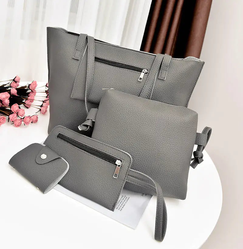 4-in-1 Handbag Set – Glamorous Vegan Leather Tote, Crossbody, Wristlet, and Cardholder