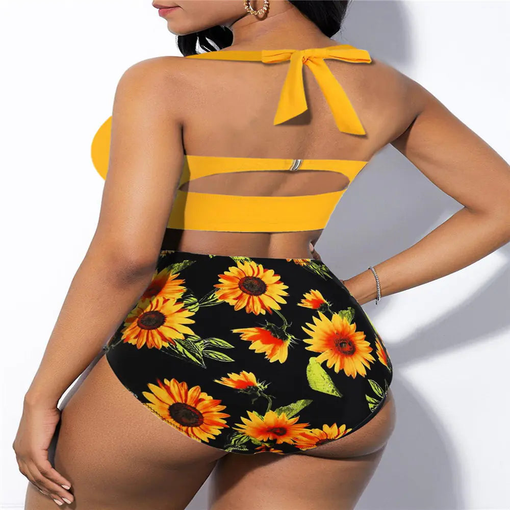 High-Waisted Floral Bikini – Elegant Curve-Enhancing Fit in Black or Yellow (Sizes S–3XL)