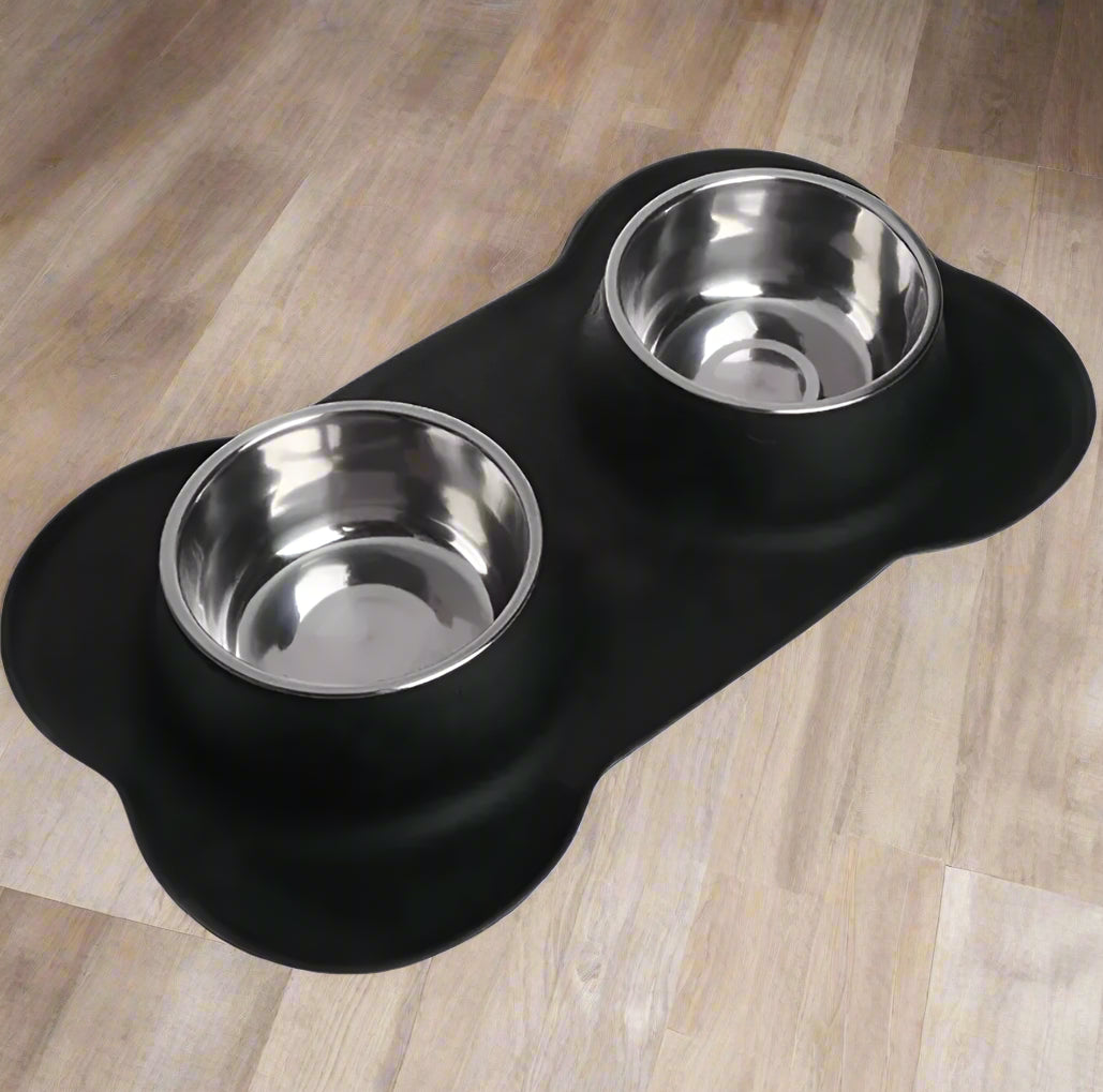 Bone-Shaped Silicone Pet Bowl Mat with Stainless Steel Bowls