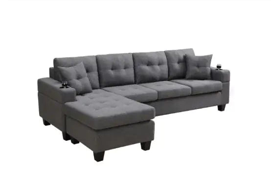 Fabric Sectional Sofa – Grey Upholstered L-Shaped Sofa with Cup Holders and Pillows