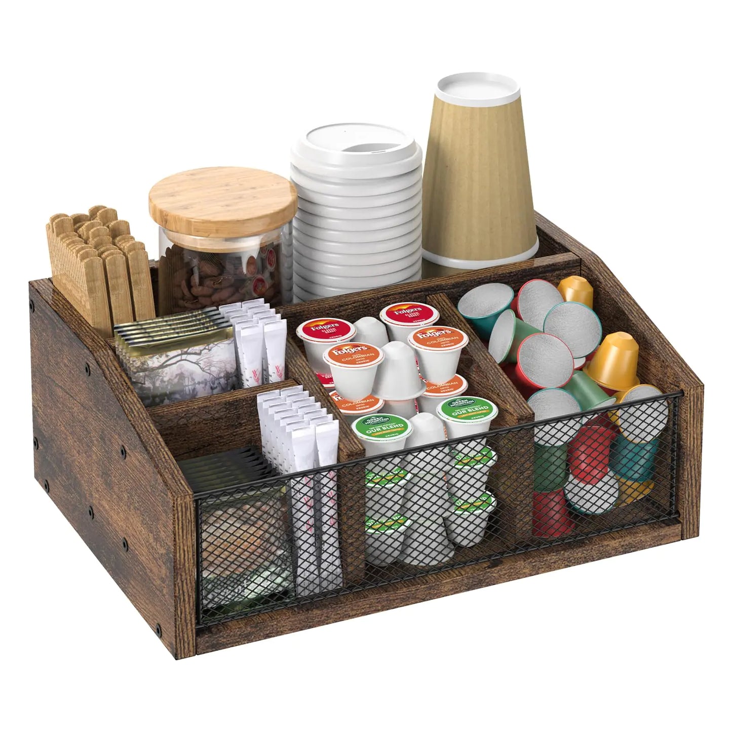 Rustic Wooden Coffee Bar Station Organizer – 5-Compartment Coffee and Tea Condiment Holder for Countertop