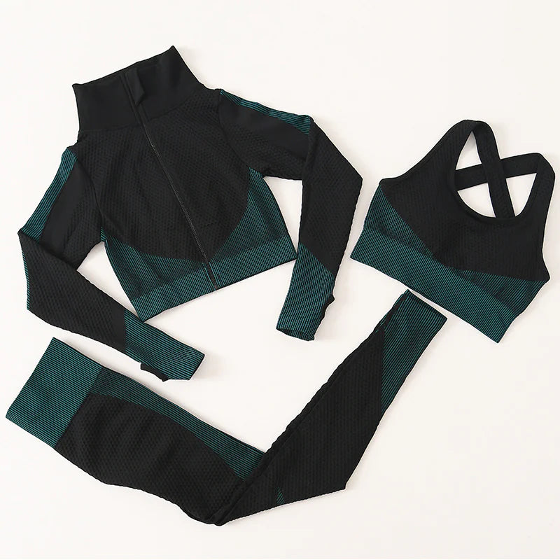 3-Piece Yoga Set – High-Waist Leggings, Sports Bra, and Long-Sleeve Jacket