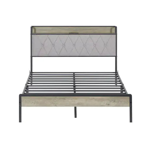 Full Size Bed Frame with Charging Station – Grey, 83.1" L x 56.1" W x 39.2" H