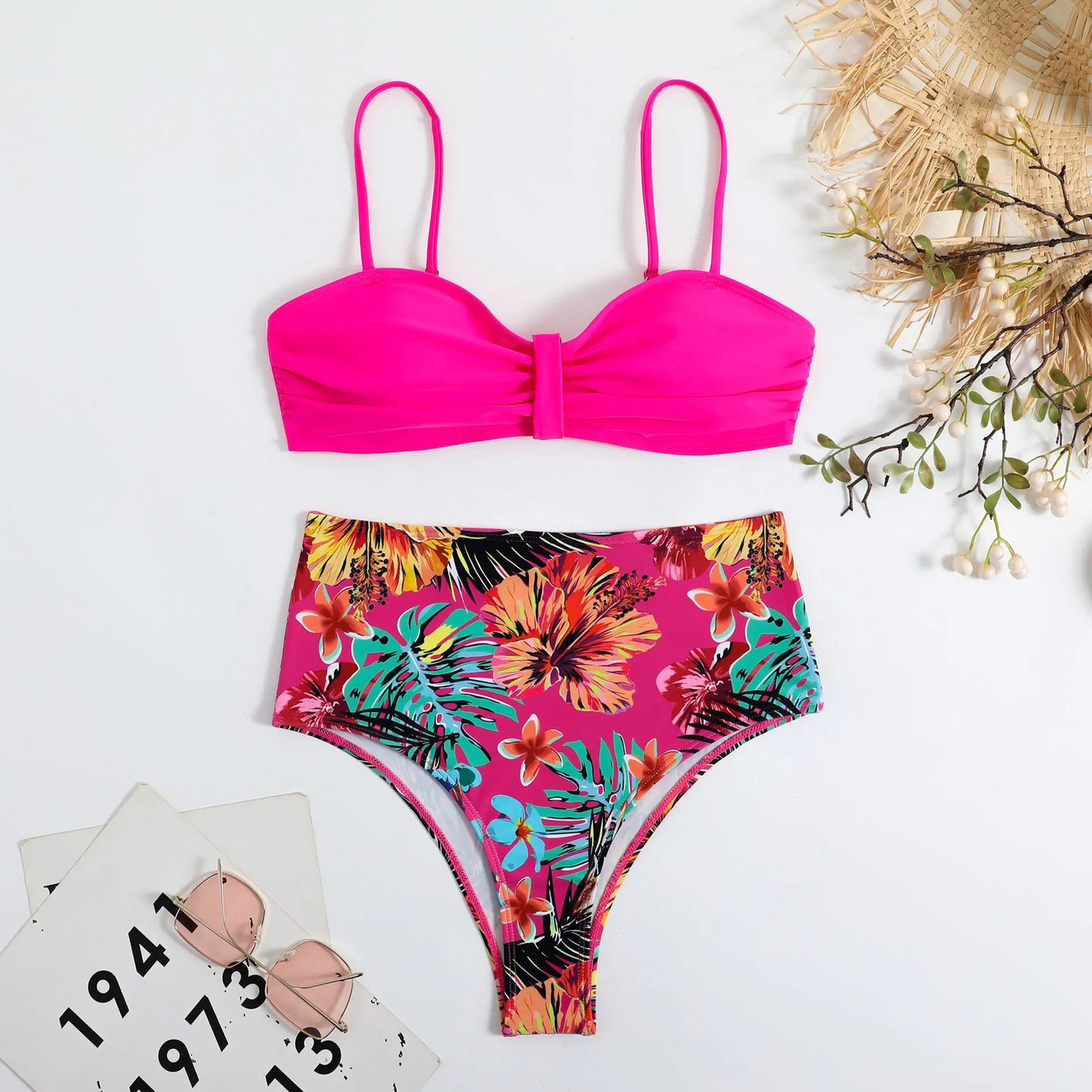 High-Waisted Floral Bikini – New Style Backless Two-Piece (Sizes S–L)