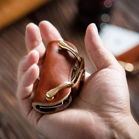Brown Cowhide Key Organizer – Premium Leather Key Pouch with Metal Buckle Closure
