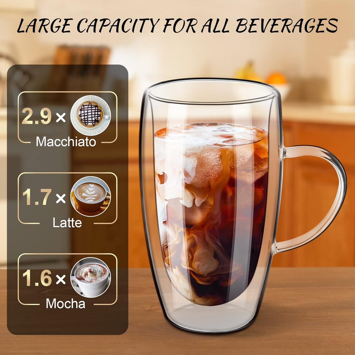 Double Wall Glass Coffee Mugs 16oz with Handle – 2x Clear Borosilicate Glass Cups – Insulated Cappuccino, Latte, Espresso, Tea & Hot Beverage Mug Set