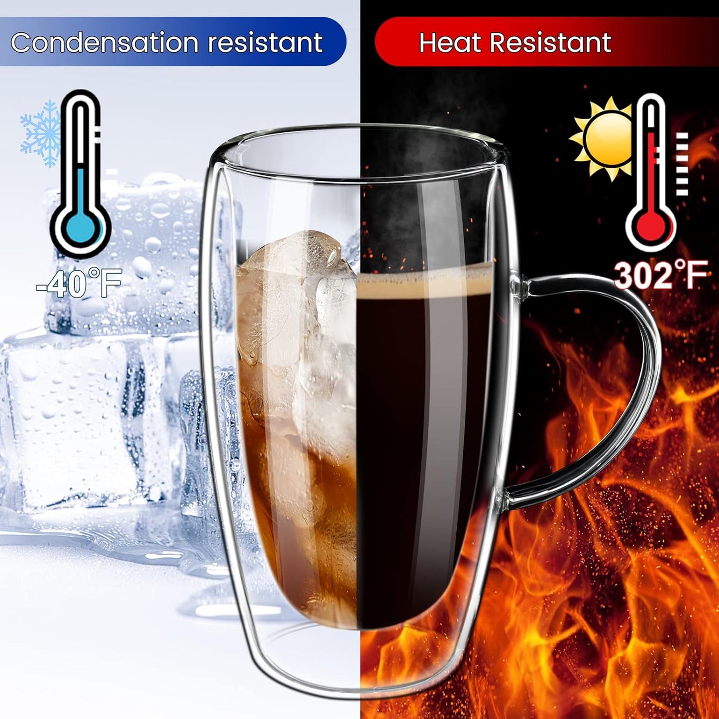 Double Wall Glass Coffee Mugs 16oz with Handle – 2x Clear Borosilicate Glass Cups – Insulated Cappuccino, Latte, Espresso, Tea & Hot Beverage Mug Set