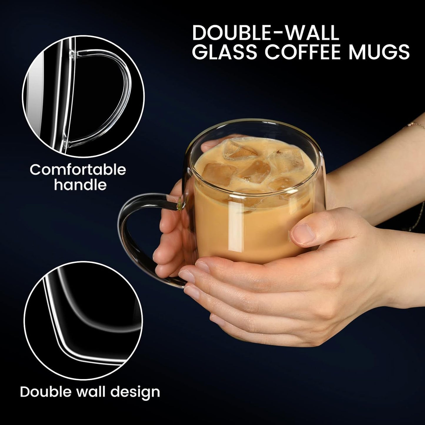 Double Wall Glass Coffee Mugs 16oz with Handle – 2x Clear Borosilicate Glass Cups – Insulated Cappuccino, Latte, Espresso, Tea & Hot Beverage Mug Set
