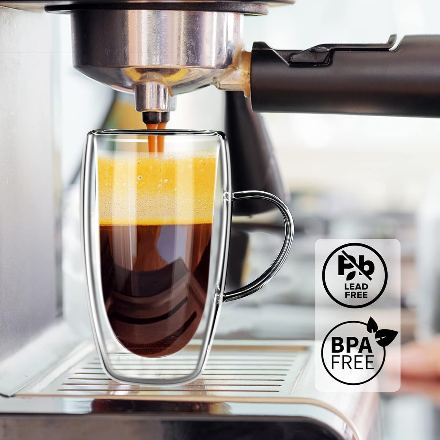 Double Wall Glass Coffee Mugs 16oz with Handle – 2x Clear Borosilicate Glass Cups – Insulated Cappuccino, Latte, Espresso, Tea & Hot Beverage Mug Set