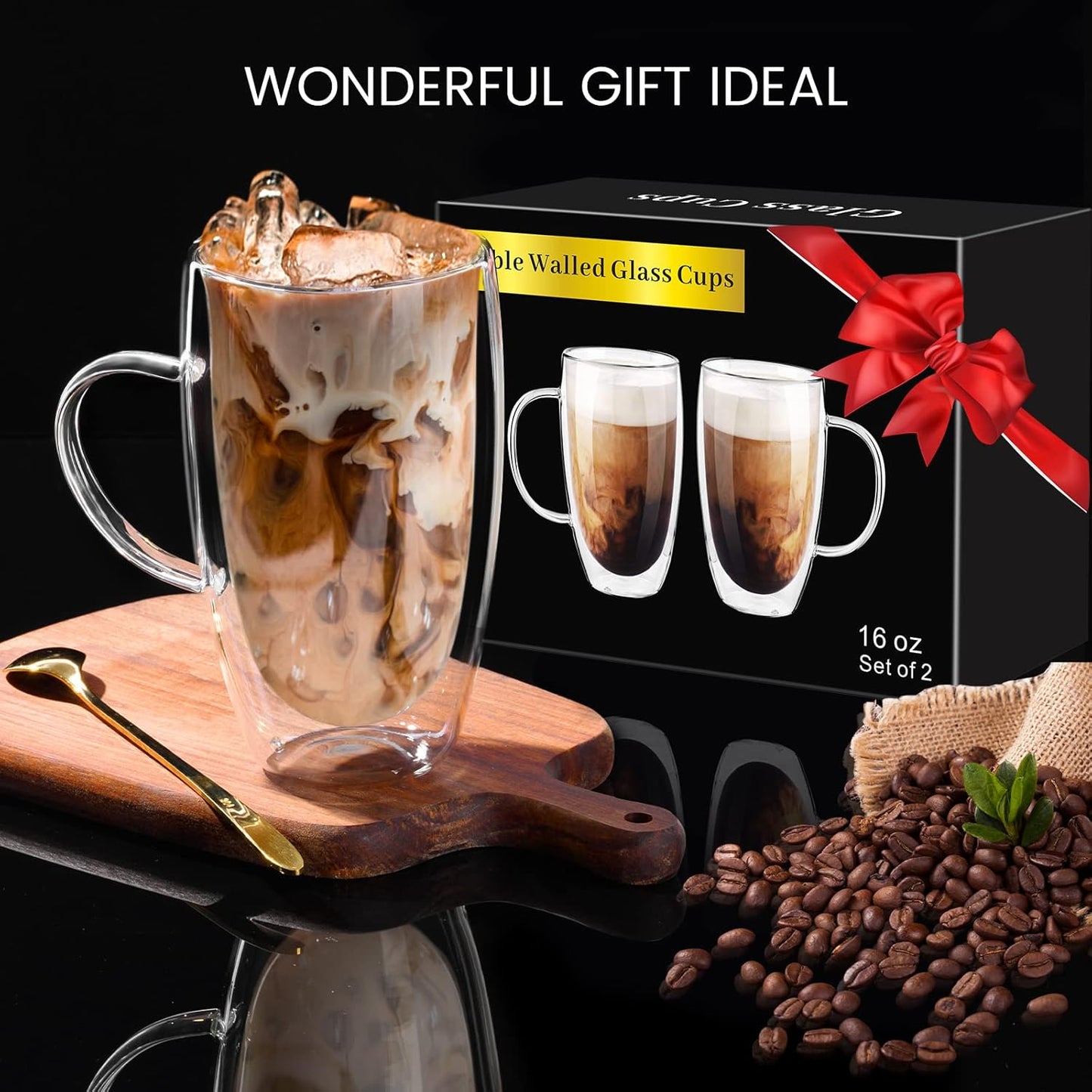 Double Wall Glass Coffee Mugs 16oz with Handle – 2x Clear Borosilicate Glass Cups – Insulated Cappuccino, Latte, Espresso, Tea & Hot Beverage Mug Set