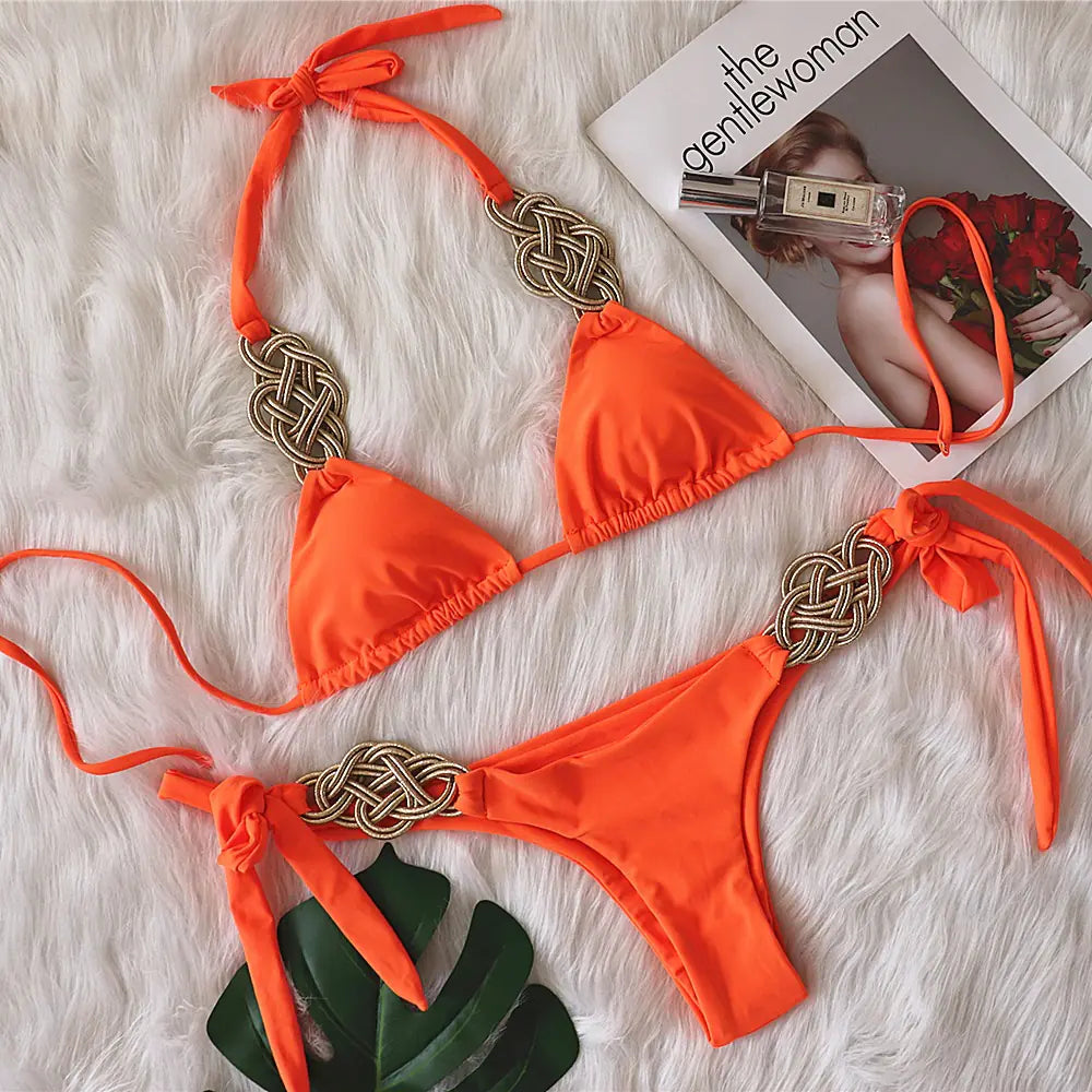 Handwoven Backless Bikini – Sexy Polyester Two-Piece in Bold Summer Colors