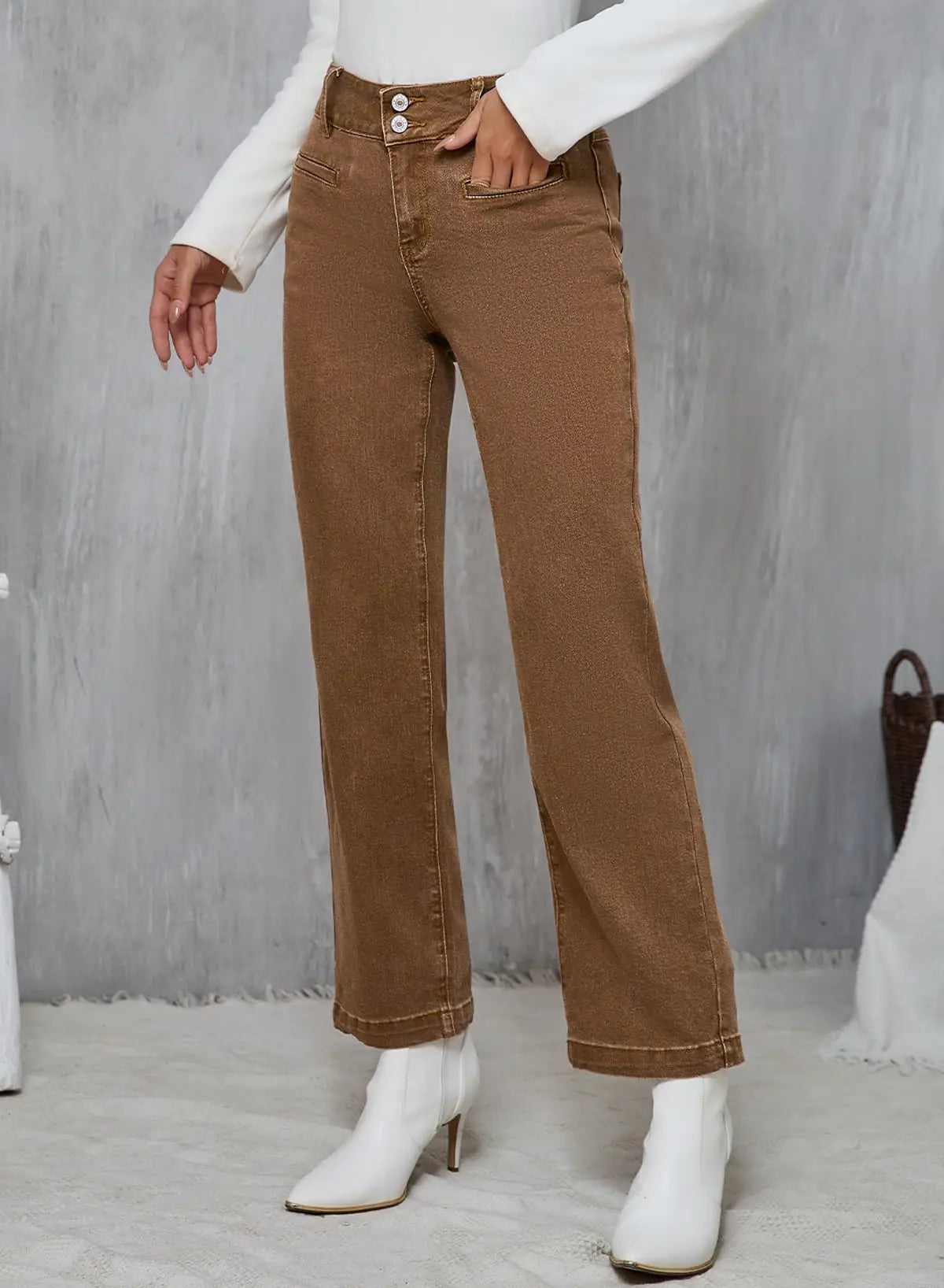 Sidefeel Women's Jeans High Waisted Straight Leg Stretchy Jeans Trendy Welt Pockets Loose Wide Leg Ankle Denim Pants 6 Brown