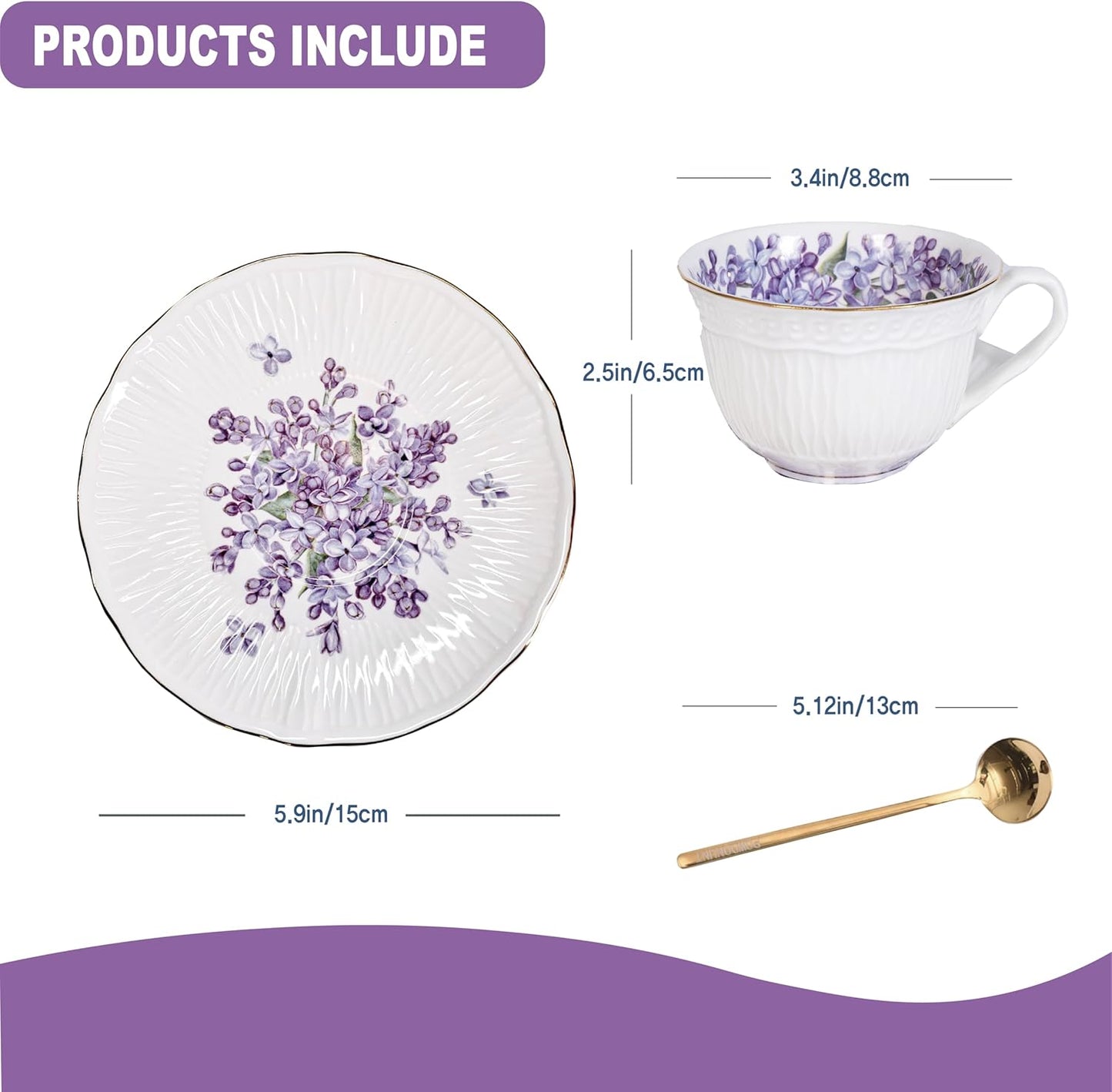 Vintage Floral Porcelain Tea Cup and Saucer Set – Lilac Bone China with Gold Trim (Includes Spoon & Gift Box)