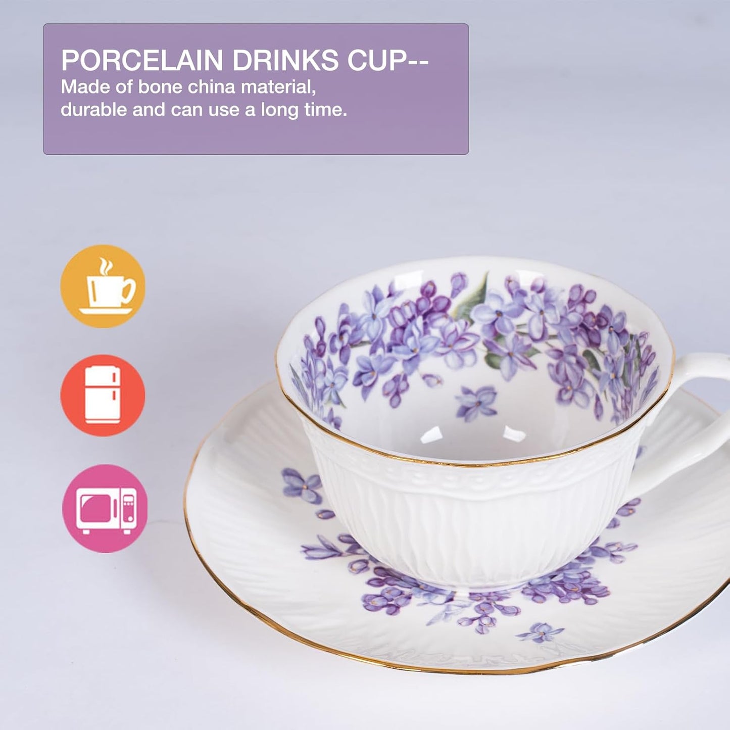Vintage Floral Porcelain Tea Cup and Saucer Set – Lilac Bone China with Gold Trim (Includes Spoon & Gift Box)