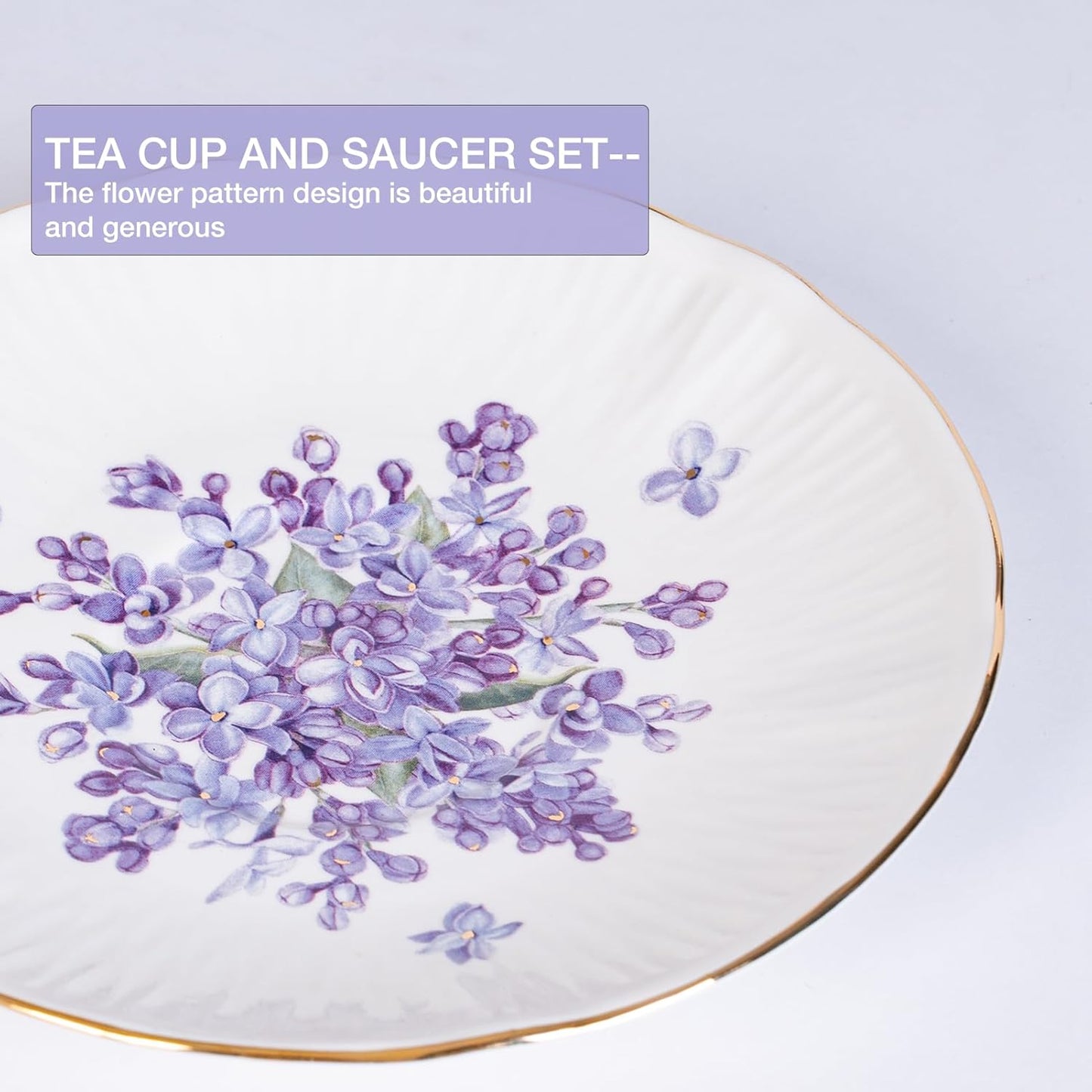 Vintage Floral Porcelain Tea Cup and Saucer Set – Lilac Bone China with Gold Trim (Includes Spoon & Gift Box)