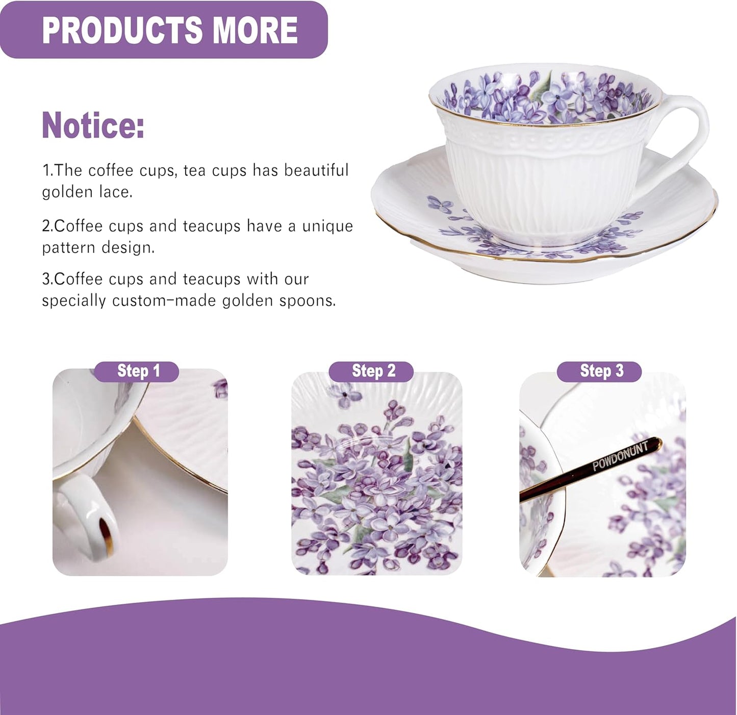 Vintage Floral Porcelain Tea Cup and Saucer Set – Lilac Bone China with Gold Trim (Includes Spoon & Gift Box)