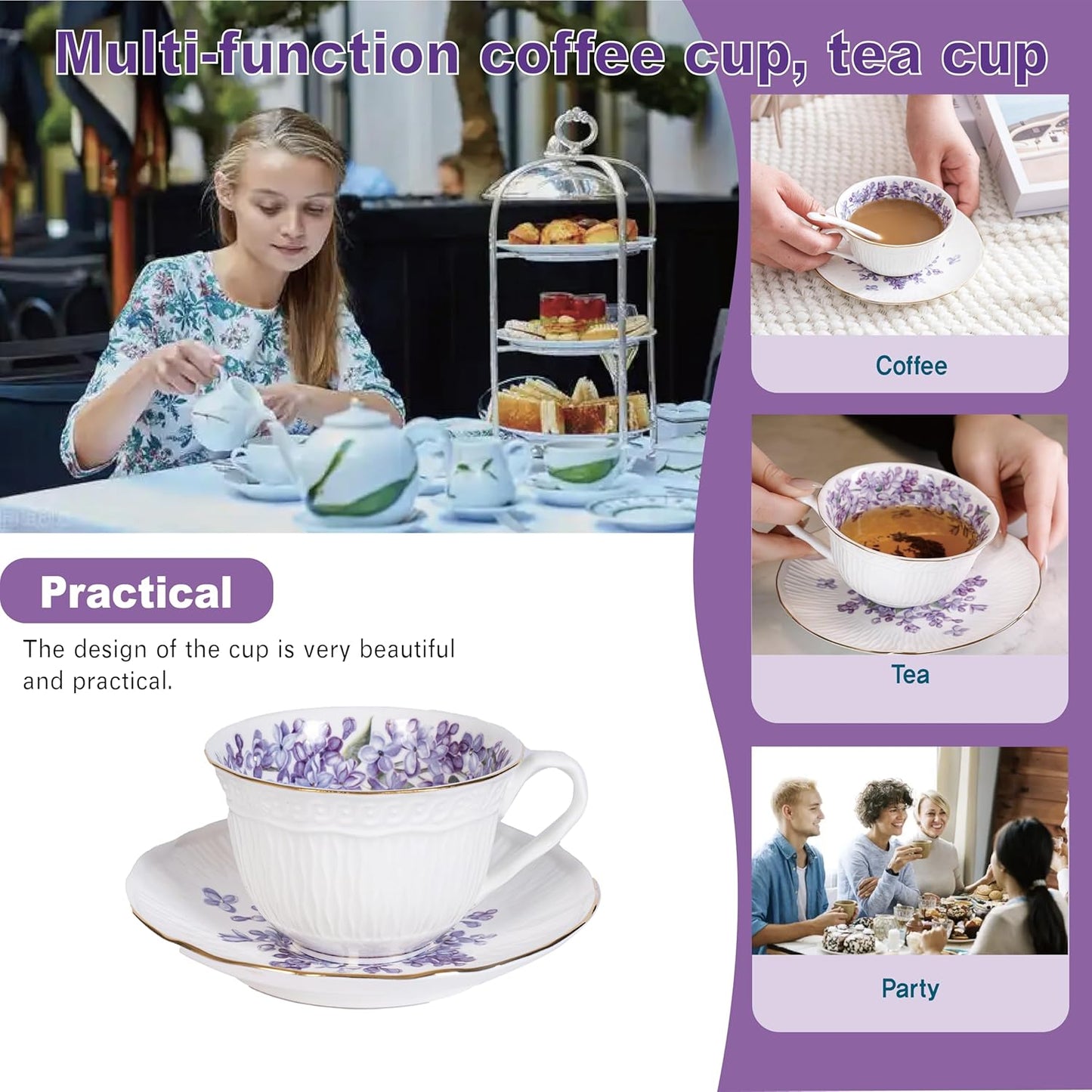 Vintage Floral Porcelain Tea Cup and Saucer Set – Lilac Bone China with Gold Trim (Includes Spoon & Gift Box)