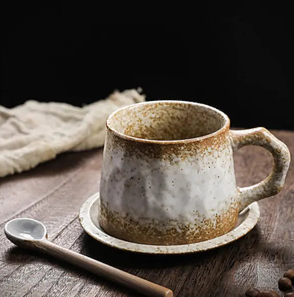 Japanese Vintage Ceramic Coffee Cup and Saucer Set – Handcrafted Stoneware Coffee Mug with Matching Plate (10.1oz, White / Yellow / Black)