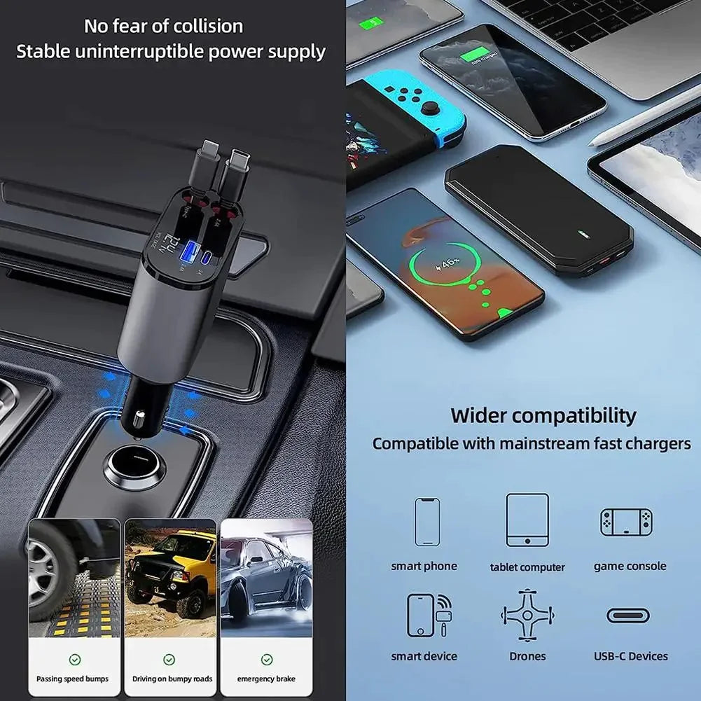 Retractable Car Charger 4-in-1 Fast Charging (100W High-Power, USB + Type-C Dual Port, Automatic Cable Storage)