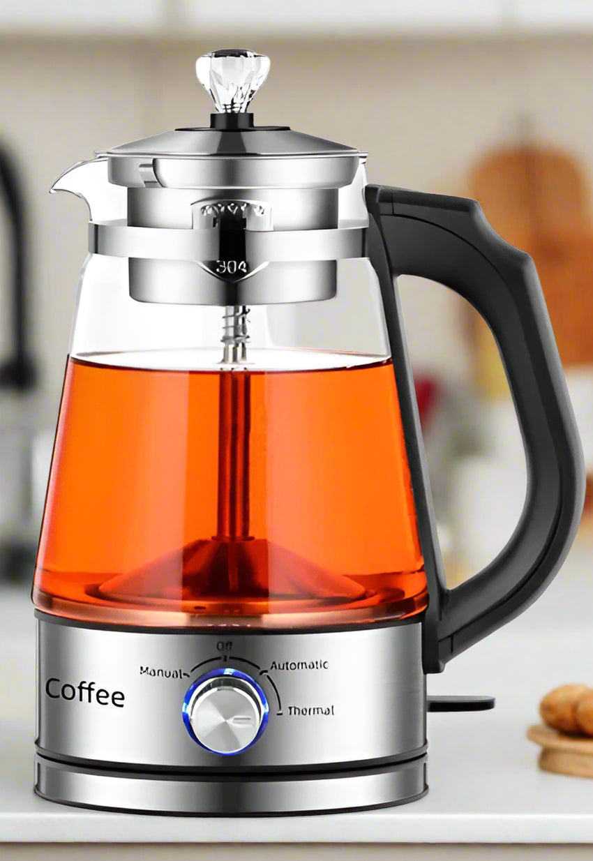 Electric Kettle Coffee Pot – 1L Glass & Stainless Steel Tea Boiler with 4-Gear Control, 110V