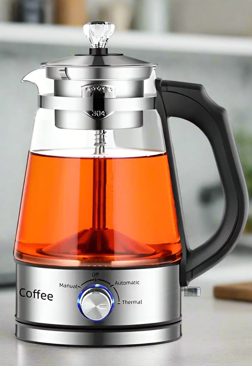 Electric Kettle Coffee Pot – 1L Glass & Stainless Steel Tea Boiler with 4-Gear Control, 110V
