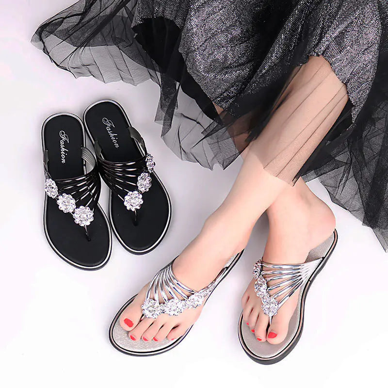 Women's Summer Sandals – Rhinestone-Embellished Cowhide Slippers with Flat Sole Comfort