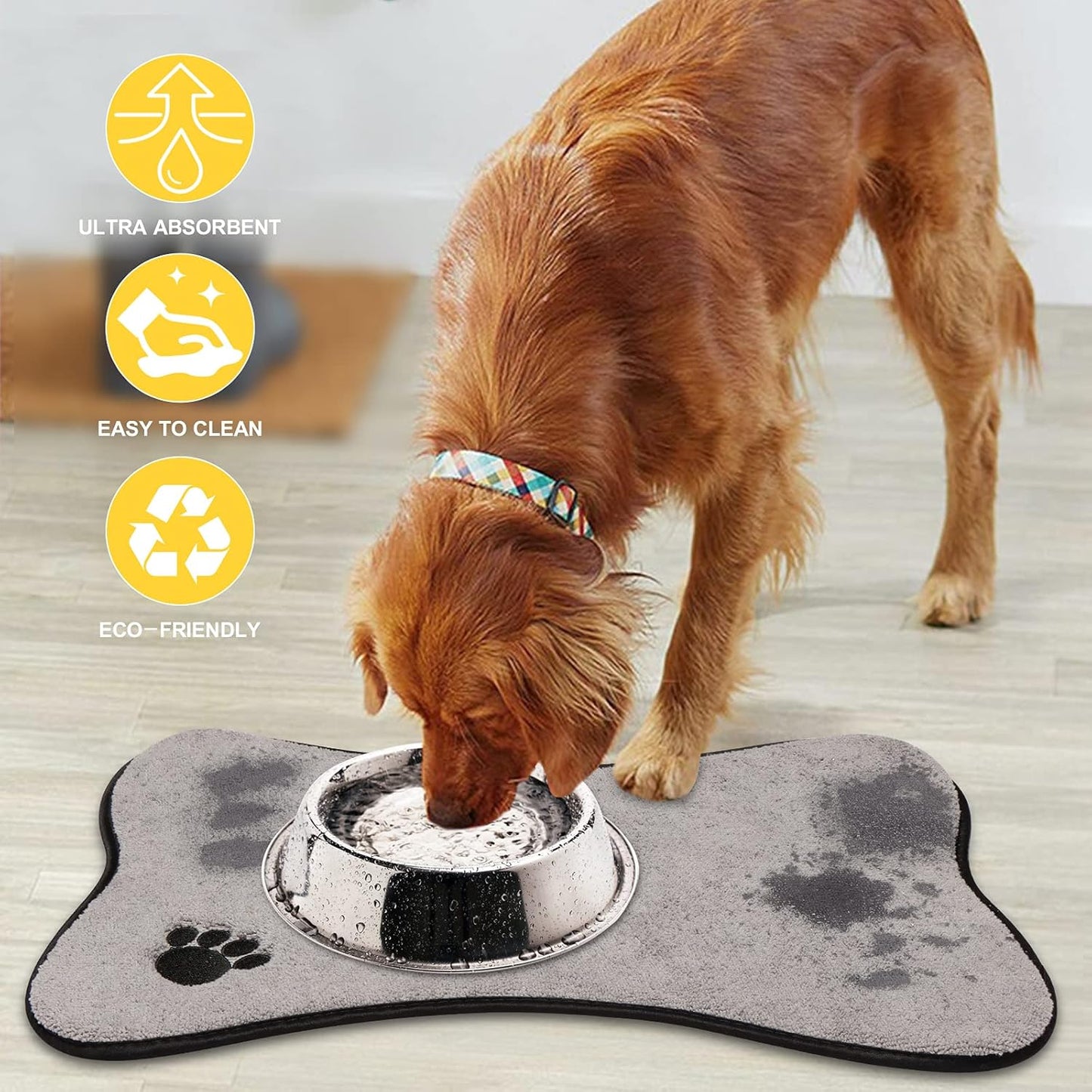 Microfiber Bone-Shaped Pet Bowl Mat – Ultra Absorbent, Waterproof, and Anti-Skid Feeding Mats (2-Pack, Gray + Beige)