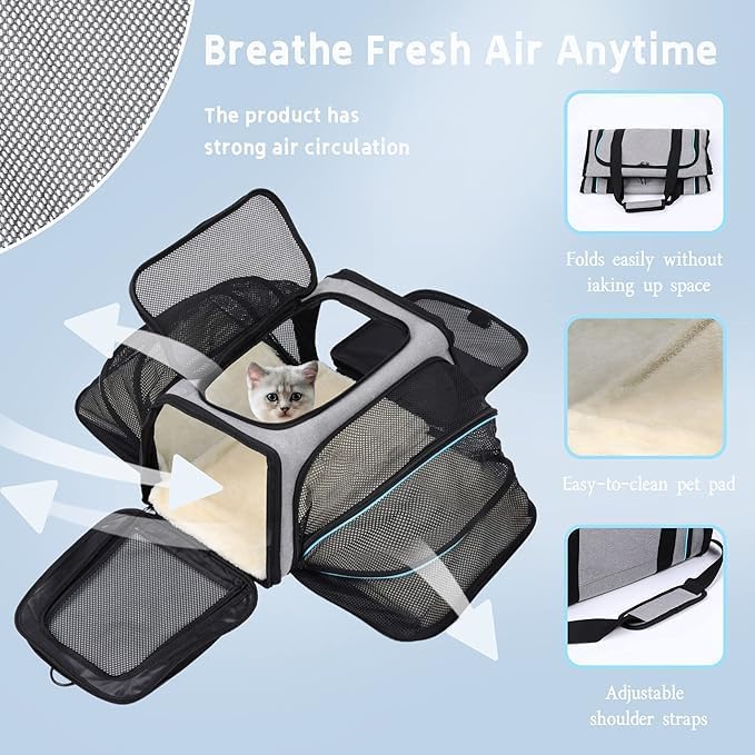 Expandable Airline-Approved Pet Carrier – Soft-Sided Travel Bag for Cats & Small Dogs (Blue, 18")