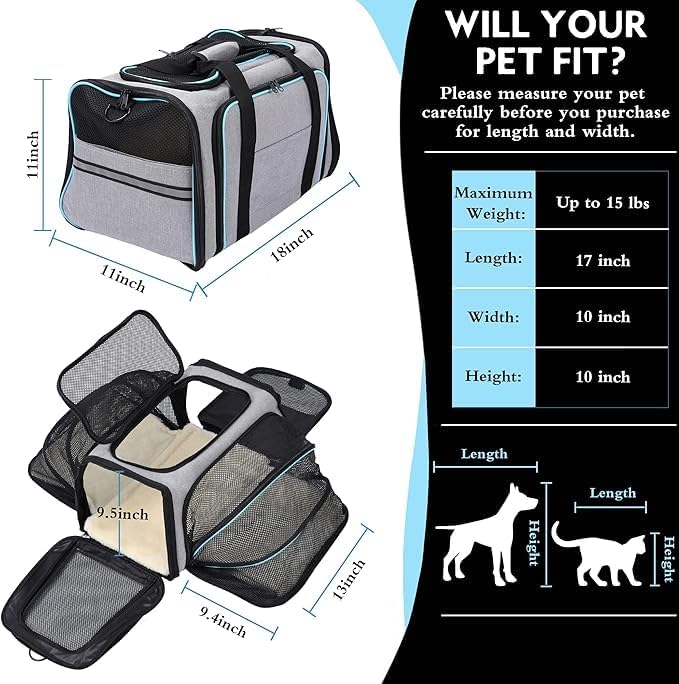 Expandable Airline-Approved Pet Carrier – Soft-Sided Travel Bag for Cats & Small Dogs (Blue, 18")