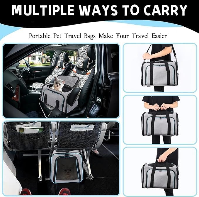 Expandable Airline-Approved Pet Carrier – Soft-Sided Travel Bag for Cats & Small Dogs (Blue, 18")