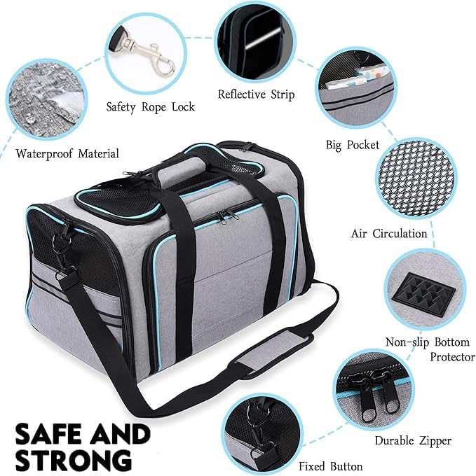 Expandable Airline-Approved Pet Carrier – Soft-Sided Travel Bag for Cats & Small Dogs (Blue, 18")