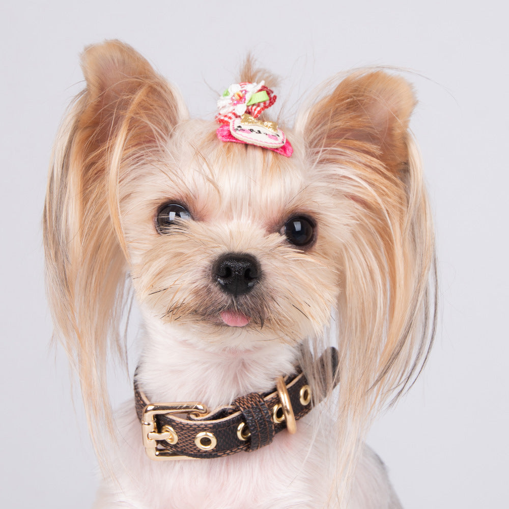Pet Dog PU Collar Leash Set by Happier – Coffee Plaid Geometric Style with Leather Durability