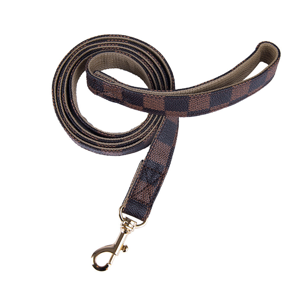 Pet Dog PU Collar Leash Set by Happier – Coffee Plaid Geometric Style with Leather Durability