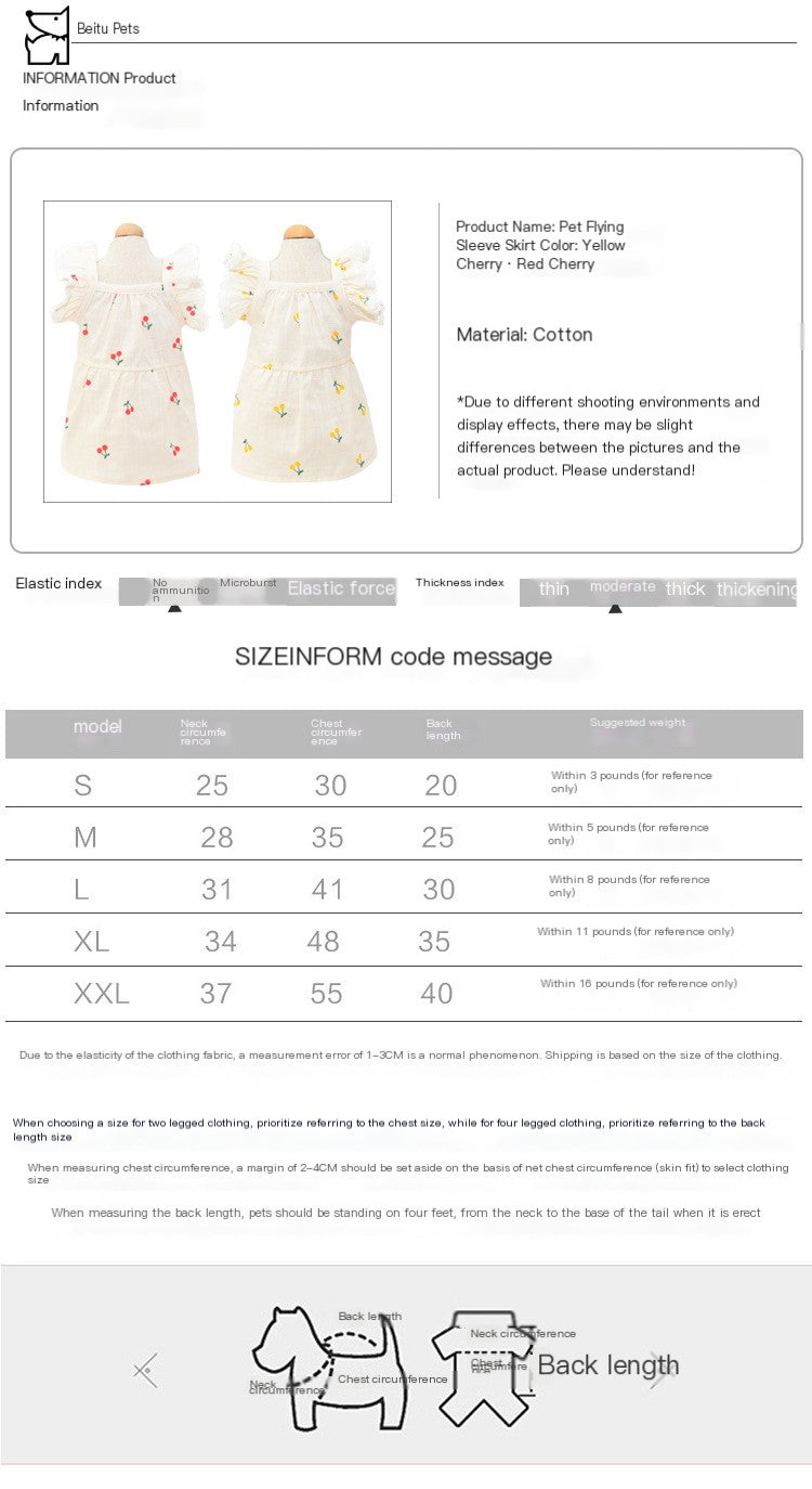 Pet Flying Sleeve Skirt – Cherry Print Cotton Dress for Cats & Dogs (Red Cherry & Yellow, Sizes S–2XL)