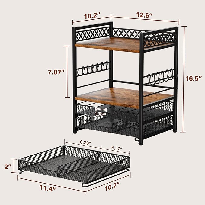 Coffee Bar Organizer Countertop Station Shelf – 4-Tier Mug Cup Holder with 12 Hooks & 30 K-Cup Drawer – Multifunctional Coffee Station Organizer for Accessories & Kitchen Storage