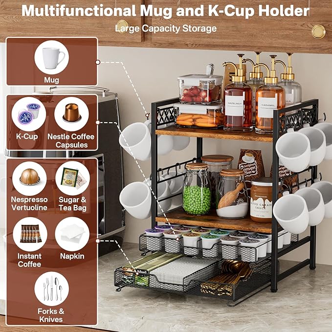 Coffee Bar Organizer Countertop Station Shelf – 4-Tier Mug Cup Holder with 12 Hooks & 30 K-Cup Drawer – Multifunctional Coffee Station Organizer for Accessories & Kitchen Storage