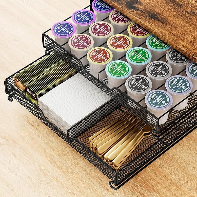 Coffee Bar Organizer Countertop Station Shelf – 4-Tier Mug Cup Holder with 12 Hooks & 30 K-Cup Drawer – Multifunctional Coffee Station Organizer for Accessories & Kitchen Storage