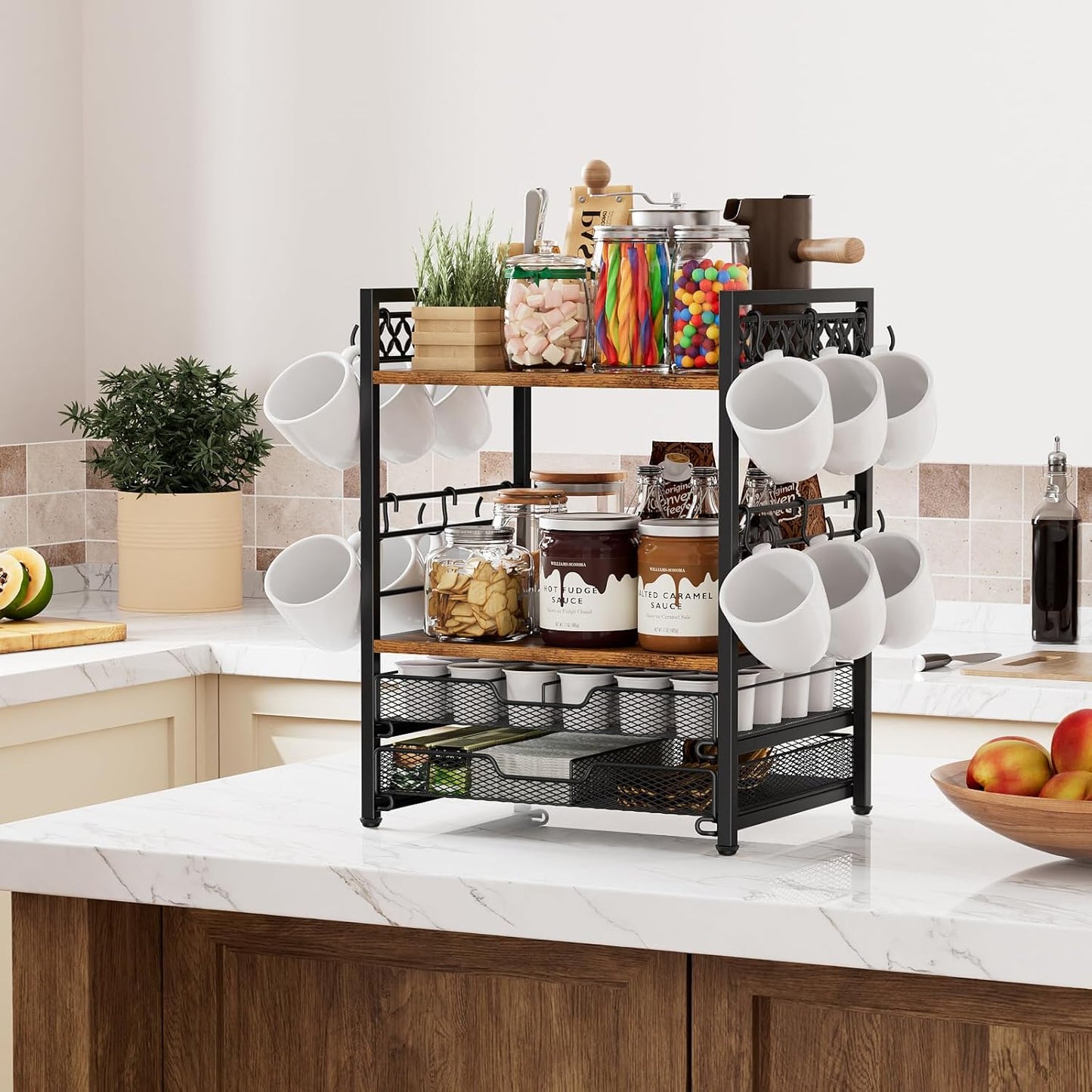 Coffee Bar Organizer Countertop Station Shelf – 4-Tier Mug Cup Holder with 12 Hooks & 30 K-Cup Drawer – Multifunctional Coffee Station Organizer for Accessories & Kitchen Storage