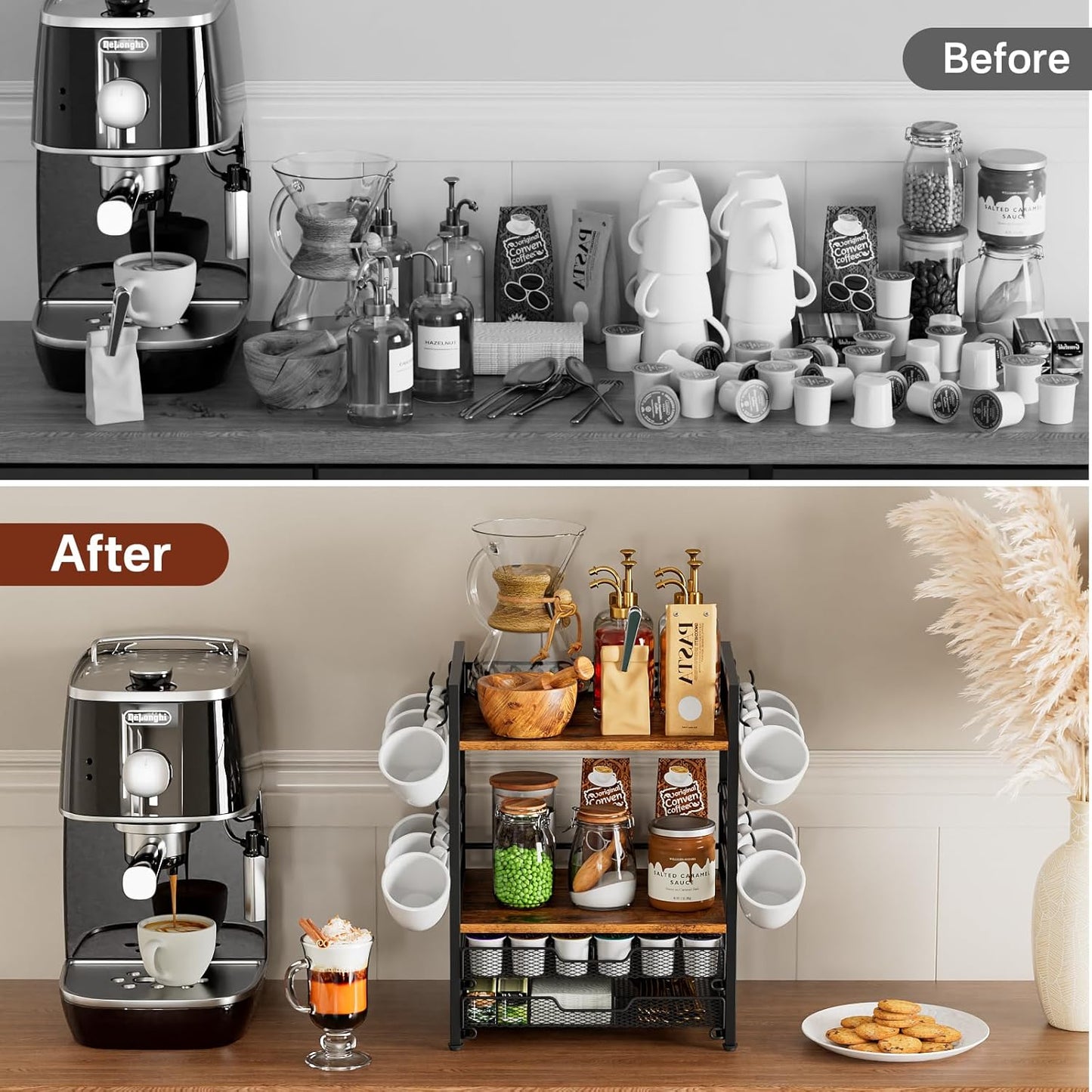 Coffee Bar Organizer Countertop Station Shelf – 4-Tier Mug Cup Holder with 12 Hooks & 30 K-Cup Drawer – Multifunctional Coffee Station Organizer for Accessories & Kitchen Storage