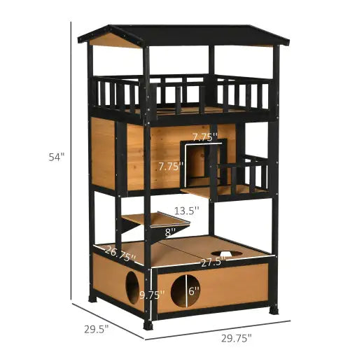 PawHut Wooden Outdoor Cat House – Yellow Wild Cat Sanctuary with Asphalt Roof, Jump Platforms, Escape Door, and Multi-Level Apartment Design