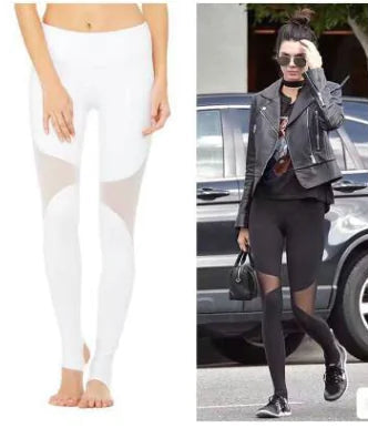 Mesh Patchwork Yoga Pants – High-Waisted, Breathable Net Yarn Splicing, Studio-to-Street Activewear (Black, Gray, White, size S–L)