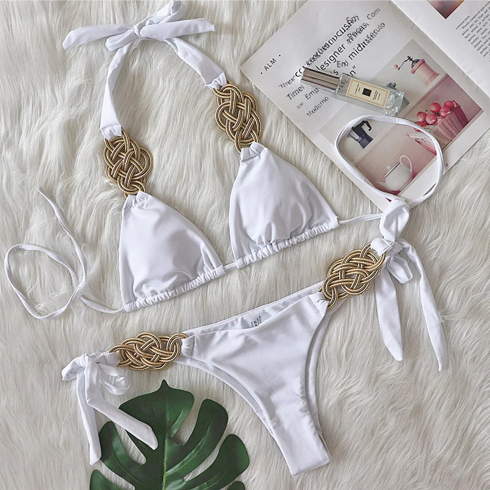 Handwoven Backless Bikini – Sexy Polyester Two-Piece in Bold Summer Colors