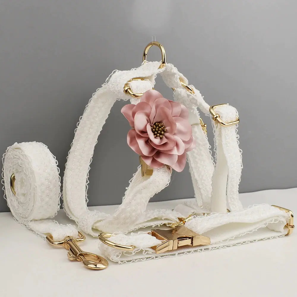 White Lace Pet Vest, Dog Collar & Leash Set (S–XL Sizes)