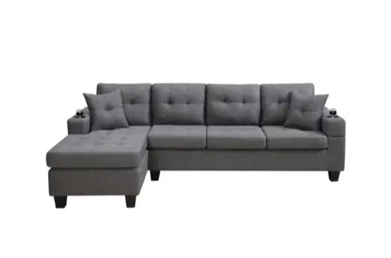 Fabric Sectional Sofa – Grey Upholstered L-Shaped Sofa with Cup Holders and Pillows