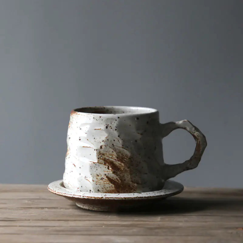 Japanese Vintage Ceramic Coffee Cup and Saucer Set – Handcrafted Stoneware Coffee Mug with Matching Plate (10.1oz, White / Yellow / Black)
