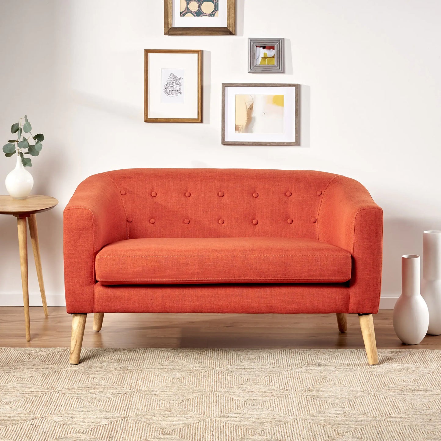 Double Sofa – Mid-Century Modern Orange Loveseat with Button Tufting & Light Birch Legs