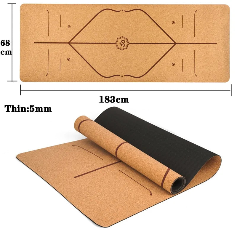 Natural Cork Yoga Mat – 5mm Thick Eco-Friendly Anti-Slip Yoga Mat with Position Lines - Great for HOT YOGA