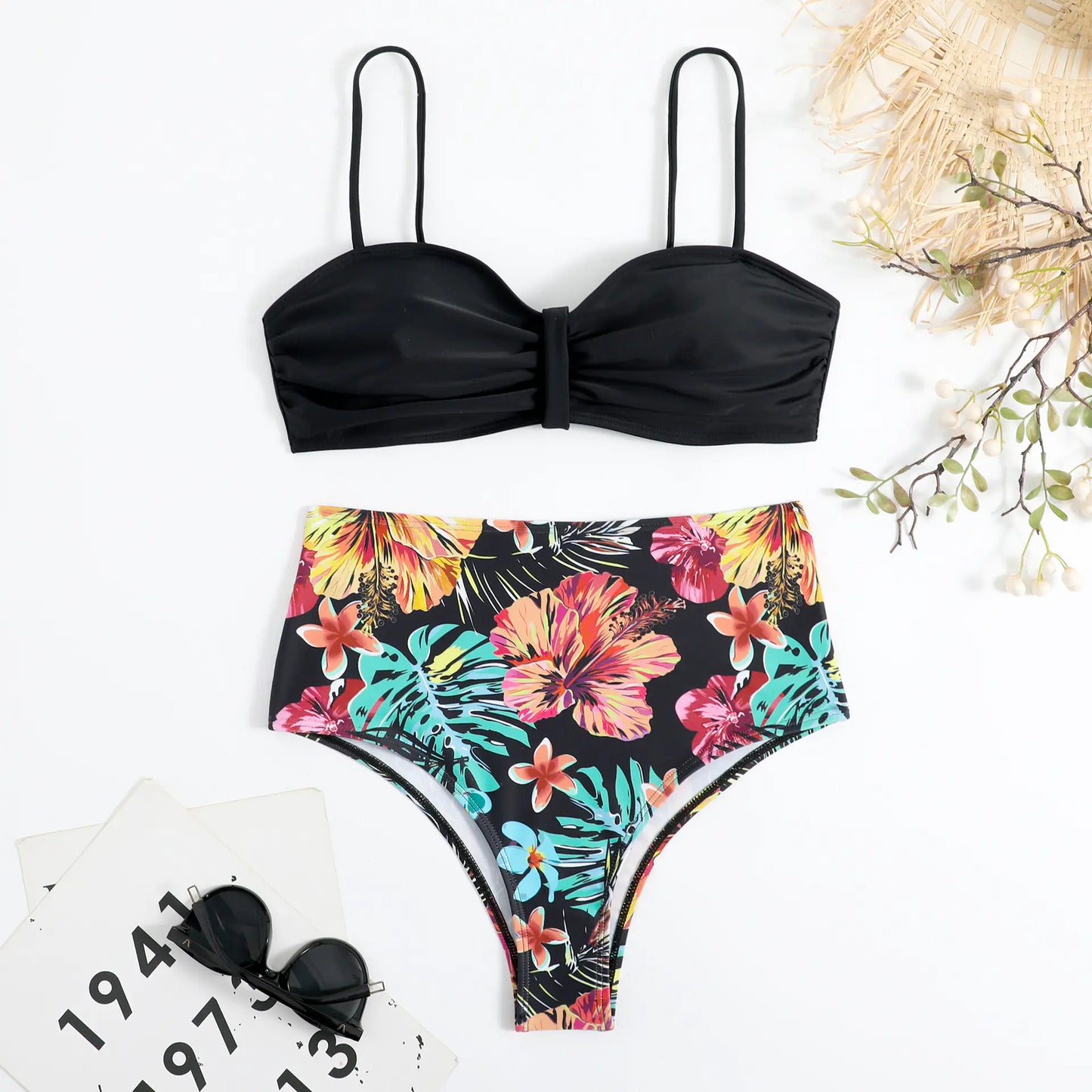 High-Waisted Floral Bikini – New Style Backless Two-Piece (Sizes S–L)