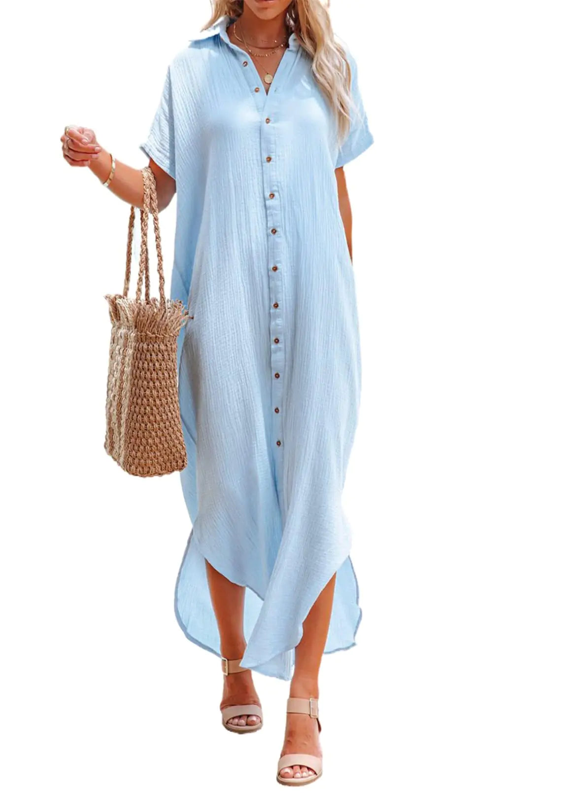 Womens Casual Short Sleeve Side Split Button Down Long Kimonos Cardigans Swimsuit Cover Ups Summer Beach Dress XX-Large 1 White